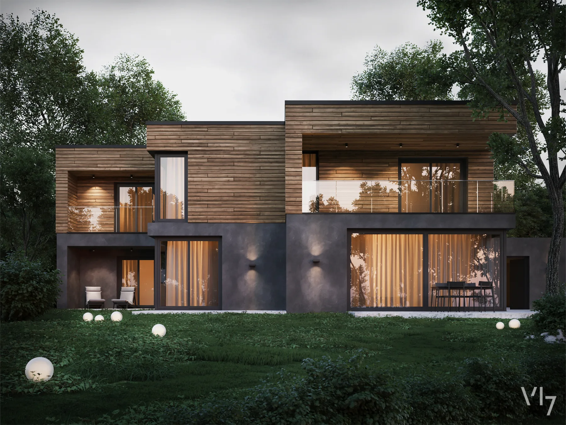 vi7 — Wohnhaus-Visualisierung in Abendstimmung